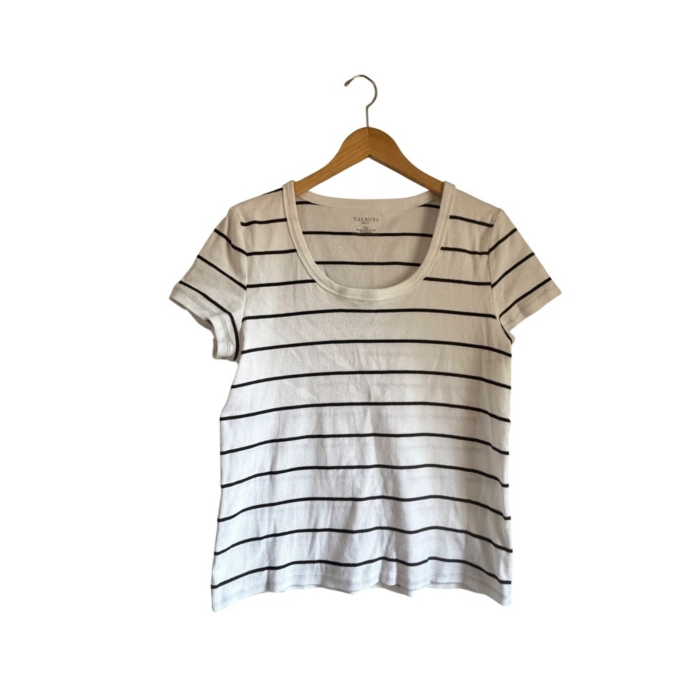 Talbots Petite Womens XL Striped Ribbed Scoop Neck Short Sleeve Tee White Navy